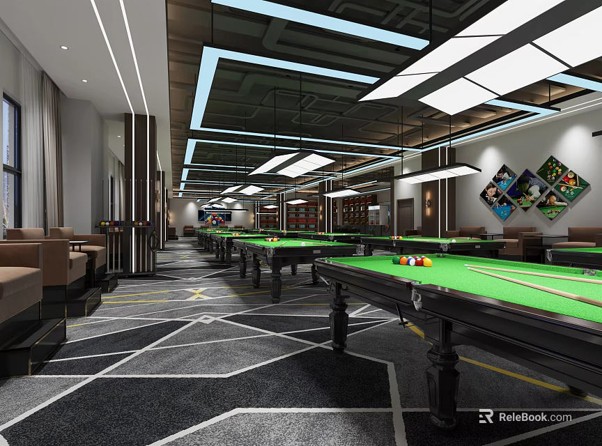 Modern Billiard Room With Green Felt Tables Sofa Seating And Geometric Flooring 3d model 