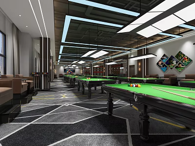 Modern Billiard Room With Green Felt Tables Sofa Seating And Geometric Flooring 3d model