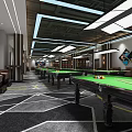Modern Billiard Room With Green Felt Tables Sofa Seating And Geometric Flooring