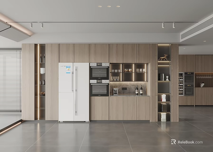Modern Kitchen Interior With Wooden Cabinets Refrigerator Microwave And Wine Storage 3d model 