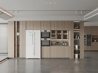 Modern Kitchen Interior With Wooden Cabinets Refrigerator Microwave And Wine Storage 3d model