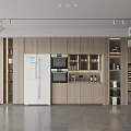 Modern Kitchen Interior With Wooden Cabinets Refrigerator Microwave And Wine Storage