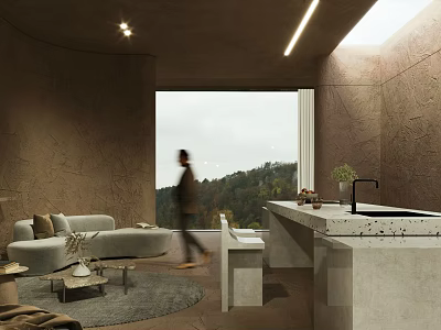 Modern Hotel Lobby With Curved Walls Large Windows Mountain View Sofa And Natural Light 3d model