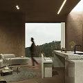 Modern Hotel Lobby With Curved Walls Large Windows Mountain View Sofa And Natural Light