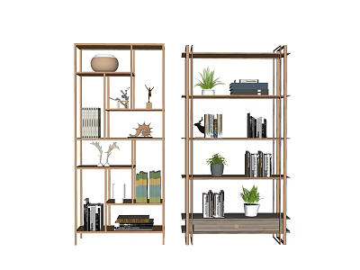 Modern Wooden Bookcase With Layered Shelves Holding Books Decorations Small Plants And Vase 3d model
