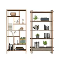 Modern Wooden Bookcase With Layered Shelves Holding Books Decorations Small Plants And Vase