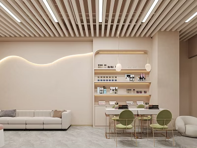 Modern Elegant Beauty Hair Salon Interior With Beige Sofa Green Chairs And Shelves 3d model