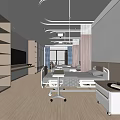Modern Hospital Ward Room with Beds Bedside Tables Windows Storage Cabinets TV and Wooden Flooring
