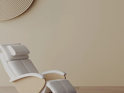 Modern Light Toned Massage Chair With Ergonomic Backrest Footrest And Round Decor In Minimalist Room 3d model
