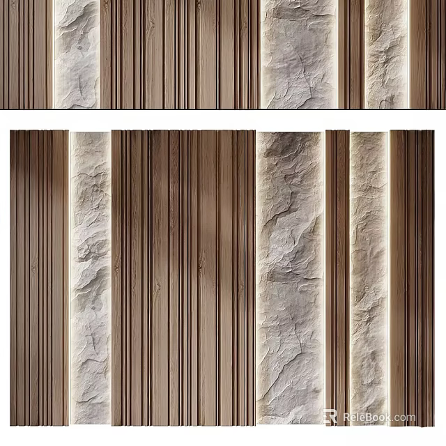 Modern Sofa Background Wall With Wooden Stripes And Stone Textures 3d model 