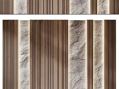 Modern Sofa Background Wall With Wooden Stripes And Stone Textures 3d model