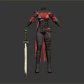 Female Warrior Armor with Red and Black Design Detailed 3D Model and Sword