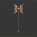 Two Handed Double Bladed Axe With Metal Blades Golden Accents And Red Handle