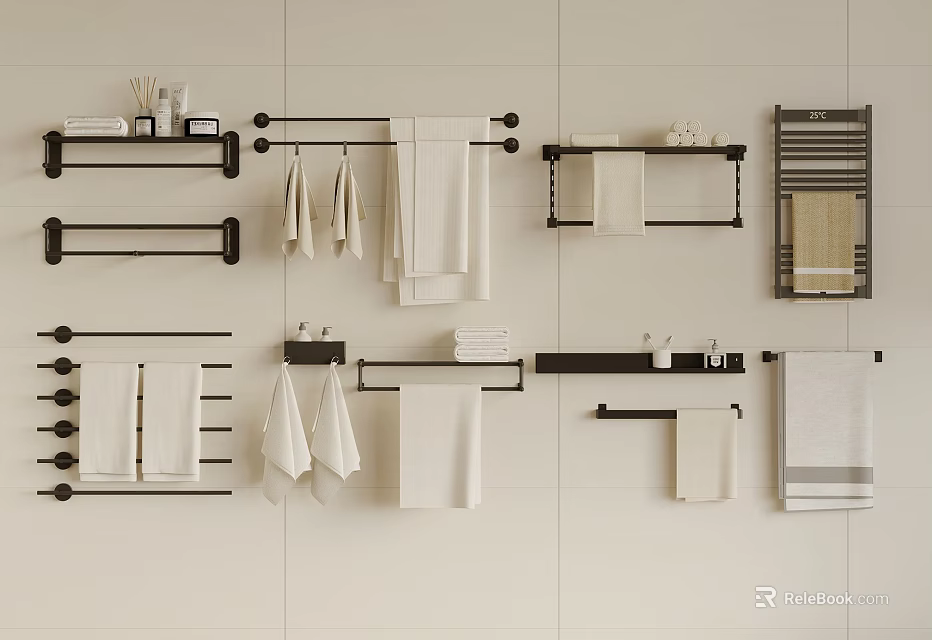 Modern Bathroom Accessories Featuring Towel Racks Shelves And Hanging Towels On White Wall 3d model 