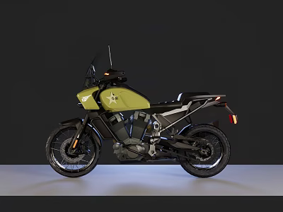 Olive Green Adventure Motorcycle With Black Accents And Star Emblem Design 3d model