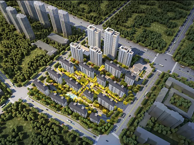 Residential Aerial Planning With High Rise Low Rise Buildings Green Spaces And Tree Lined Roads 3d model