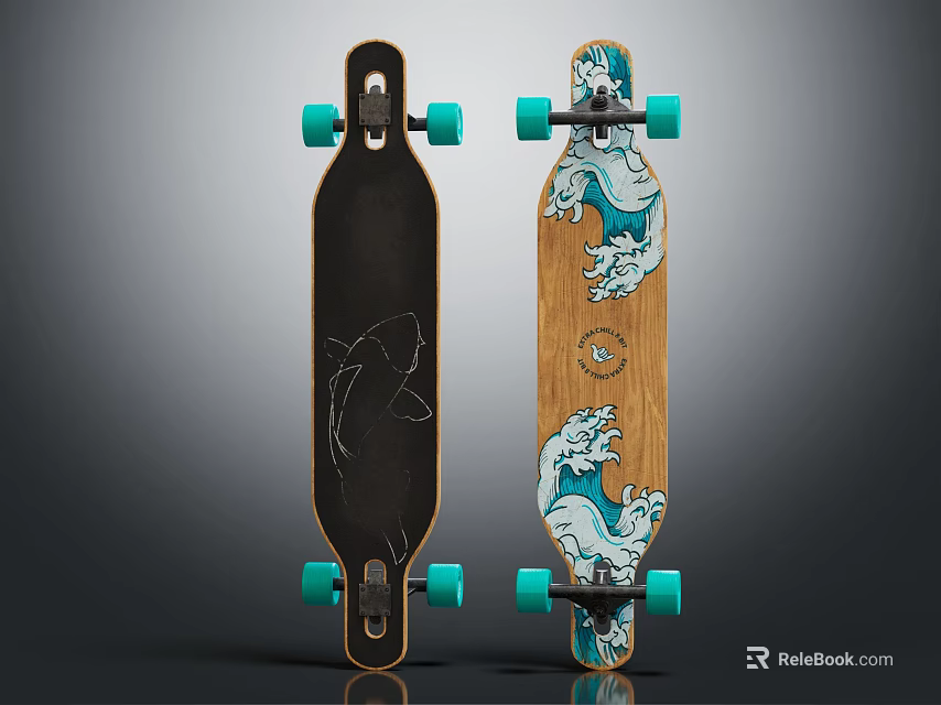 Stylish Black And Wooden Skateboards With Various Designs And Green Wheels 3d model 