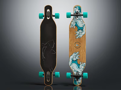 Stylish Black And Wooden Skateboards With Various Designs And Green Wheels 3d model
