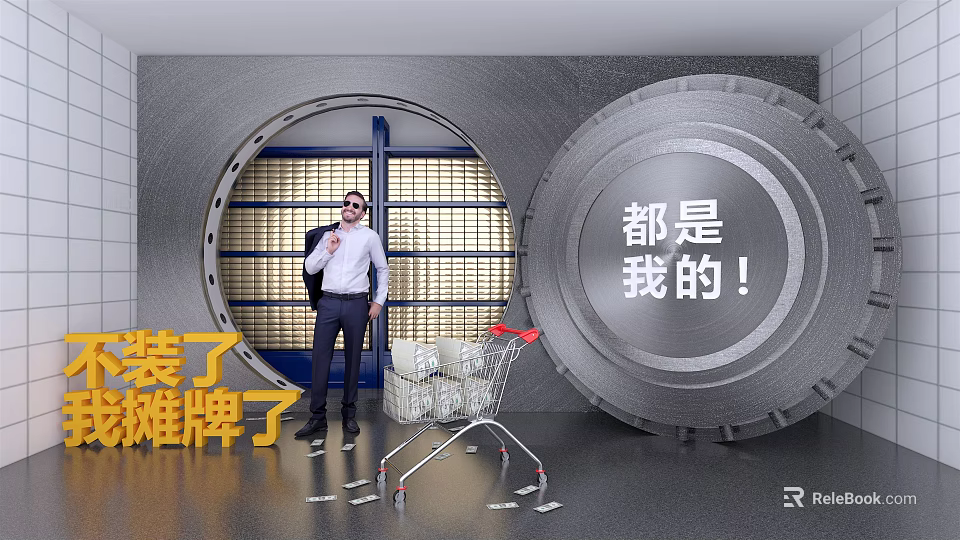 Giant Vault Door Photo Spot Featuring Man Standing Shopping Cart And Money Bags 3d model 