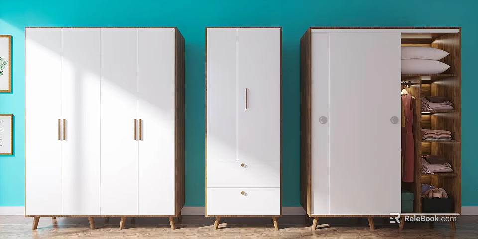 Modern Minimalist White Wardrobes with Wooden Legs Against Turquoise Wall and Wooden Floor 3d model 