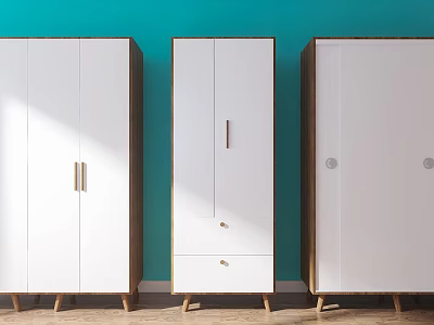 Modern Minimalist White Wardrobes with Wooden Legs Against Turquoise Wall and Wooden Floor 3d model