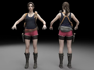 3D Female Character Front Back View Black Tank Top Pink Shorts Brown Belt Backpack Boots 3d model