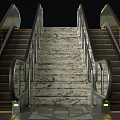 Modern Escalators And Staircase Design In Public Area With Marble Floor And Green Tiled Walls