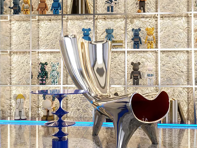 Modern Sculptural Single Chair With Metallic Glossy Finish Decorative Figurines And Textured Wall 3d model