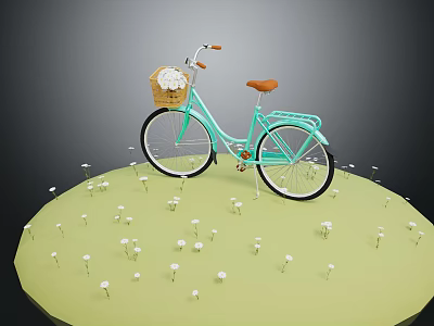 Light Blue Bicycle With Basket On Handlebar Surrounded By White Flowers On Green Platform 3d model
