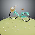 Light Blue Bicycle With Basket On Handlebar Surrounded By White Flowers On Green Platform