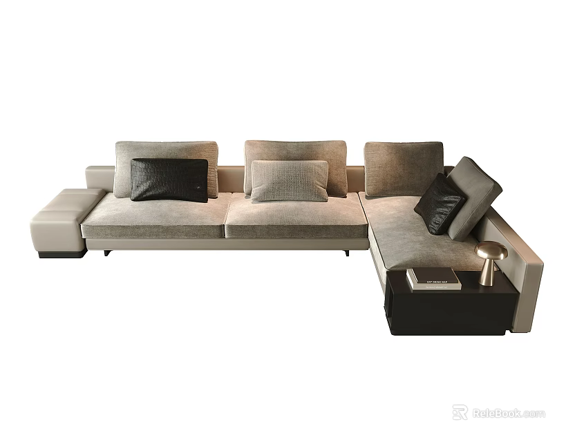 Light Gray L shaped Sectional Sofa With Black Gray Cushions And Side Table 3d model
