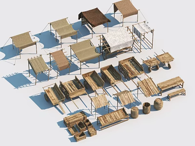 Outdoor Camping Scene Components With Canvas Tents Wooden Tables Chairs And Shelves 3d model