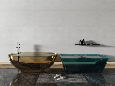 Golden Round And Green Square Bathtubs In Modern Bathroom With Gray Wall Black Countertop And Shelf 3d model