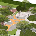 Beautiful Park Landscape With Lush Green Grass Walking Paths Trees And Circular Rest Area