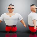 Cartoon Style Game Movie Character Muscular Build White Shirt Red Pants Mustache Front Back Views