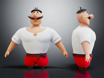 Cartoon Style Game Movie Character Muscular Build White Shirt Red Pants Mustache Front Back Views 3d model