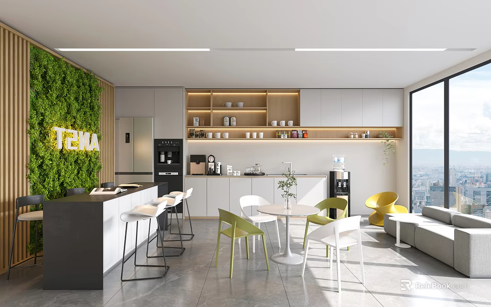Modern Break Room Interior With Green Plant Wall Cabinets Coffee Machine And Tables Chairs 3d model 