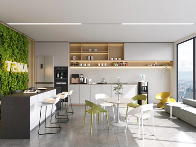 Modern Break Room Interior With Green Plant Wall Cabinets Coffee Machine And Tables Chairs 3d model