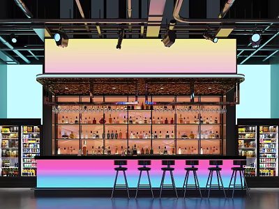 Modern Bar Interior With Neon Gradient Lighting Stocked Bottle Shelves And High Stools 3d model