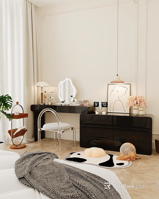 Modern Black Dressing Table Interior With Mirror Chair Lamp And Decorative Items 3d model 