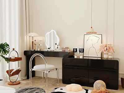 Modern Black Dressing Table Interior With Mirror Chair Lamp And Decorative Items 3d model