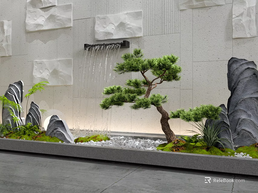 Indoor Landscape Featuring White Textured Wall Waterfall Pine Tree Decorative Rocks And Moss 3d model