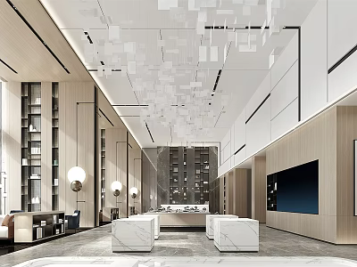 Modern Sales Office Interior Design With Stylish Ceiling And Spacious Layout 3d model