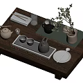 Traditional Tea Set With Ceramic Teapot Cups And Wooden Tray Decorative Plants
