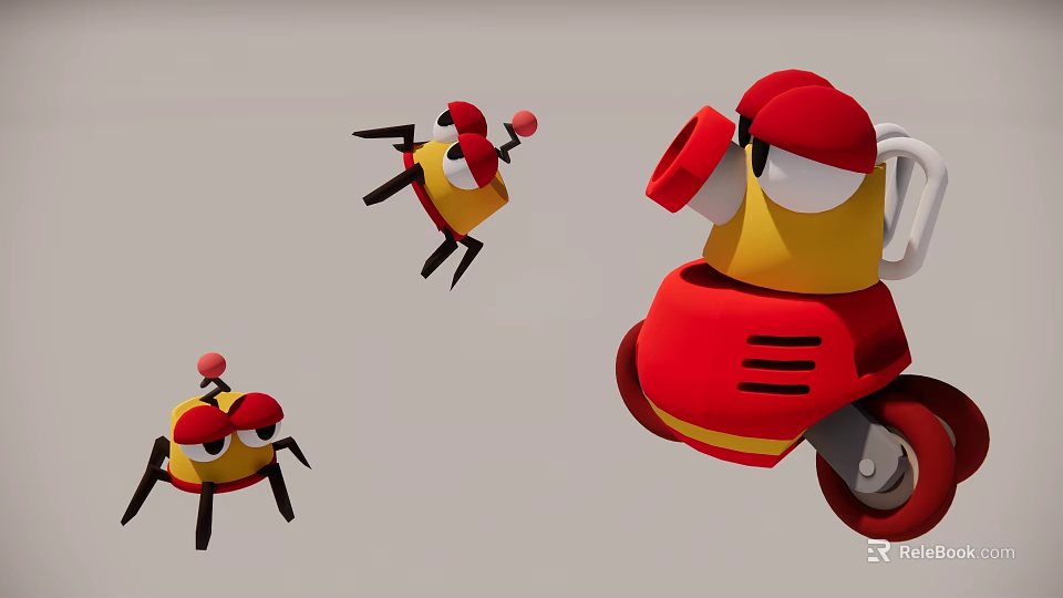 Playful Red And Yellow Cartoon Robots With Big Eyes And Wheels 3d model 