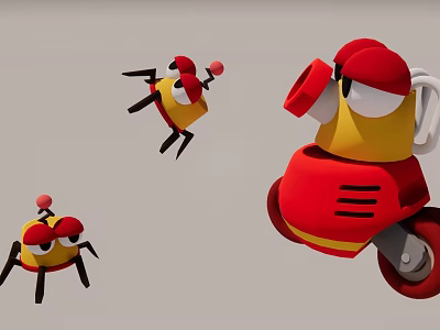 Playful Red And Yellow Cartoon Robots With Big Eyes And Wheels 3d model