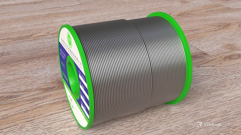 Industrial Spool of Metal Welding Wire with Green Edges on Wooden Surface and Label 3d model 