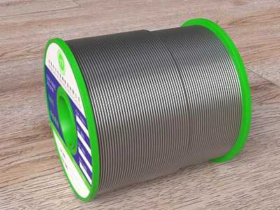 Industrial Spool of Metal Welding Wire with Green Edges on Wooden Surface and Label 3d model