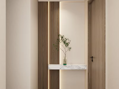 Modern Minimalist Foyer Hallway With Wooden Slats Lighting Marble Shelf And Green Plant 3d model