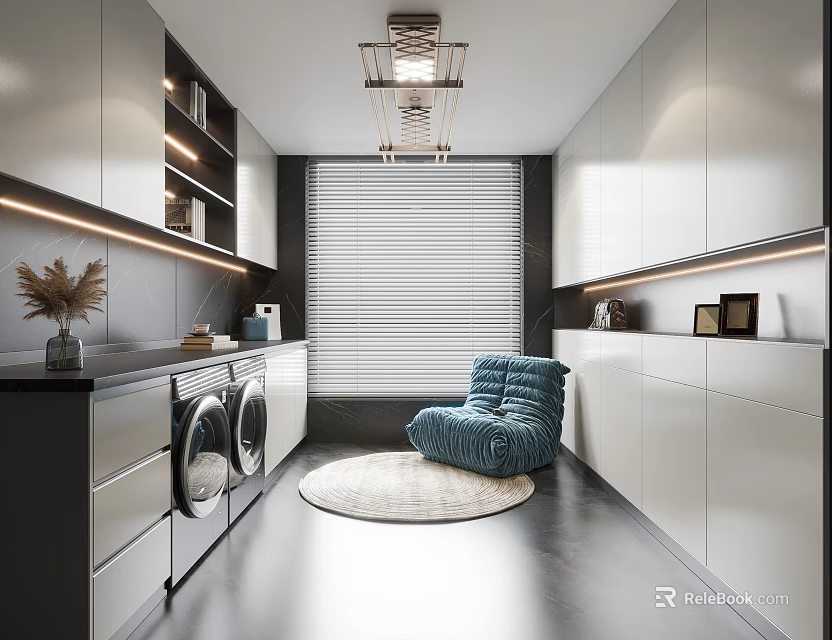 Modern Luxury Cloakroom With White Cabinets Washing Machine Dryer Blue Armchair Round Rug And Chandelier 3d model 